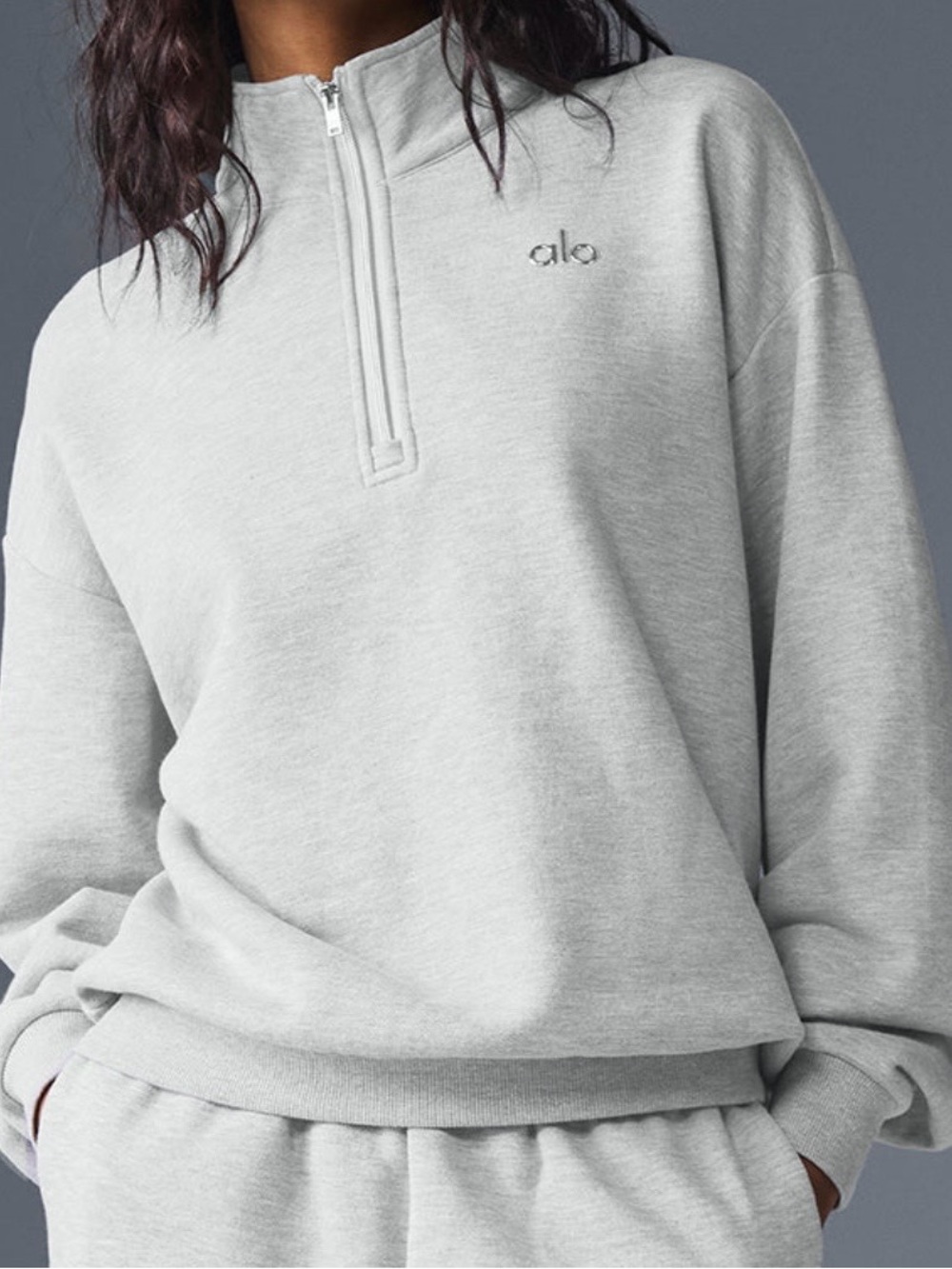 ALO Yoga Light Gray Half-Zip Crew Sweater